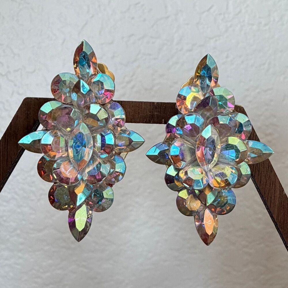 Signed IVANA Aurora Borealis Rhinestone Clip-On Earrings